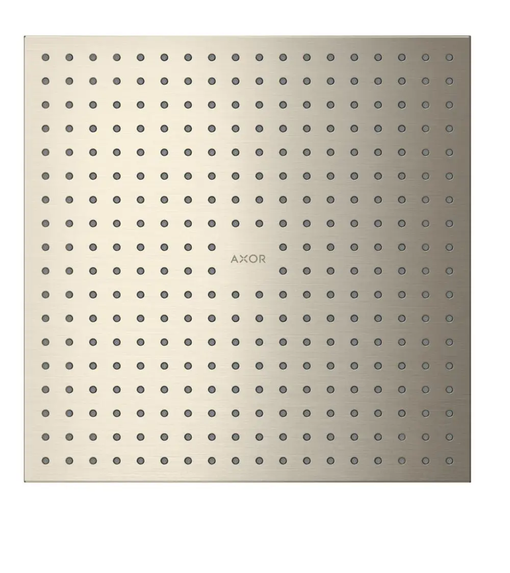 Kopfbrause von AXOR in brushed nickel mit gleichmäßiger Anordnung von Wasserstrahlern, flache, quadratische Form und minimalistisches Design für Deckenmontage.